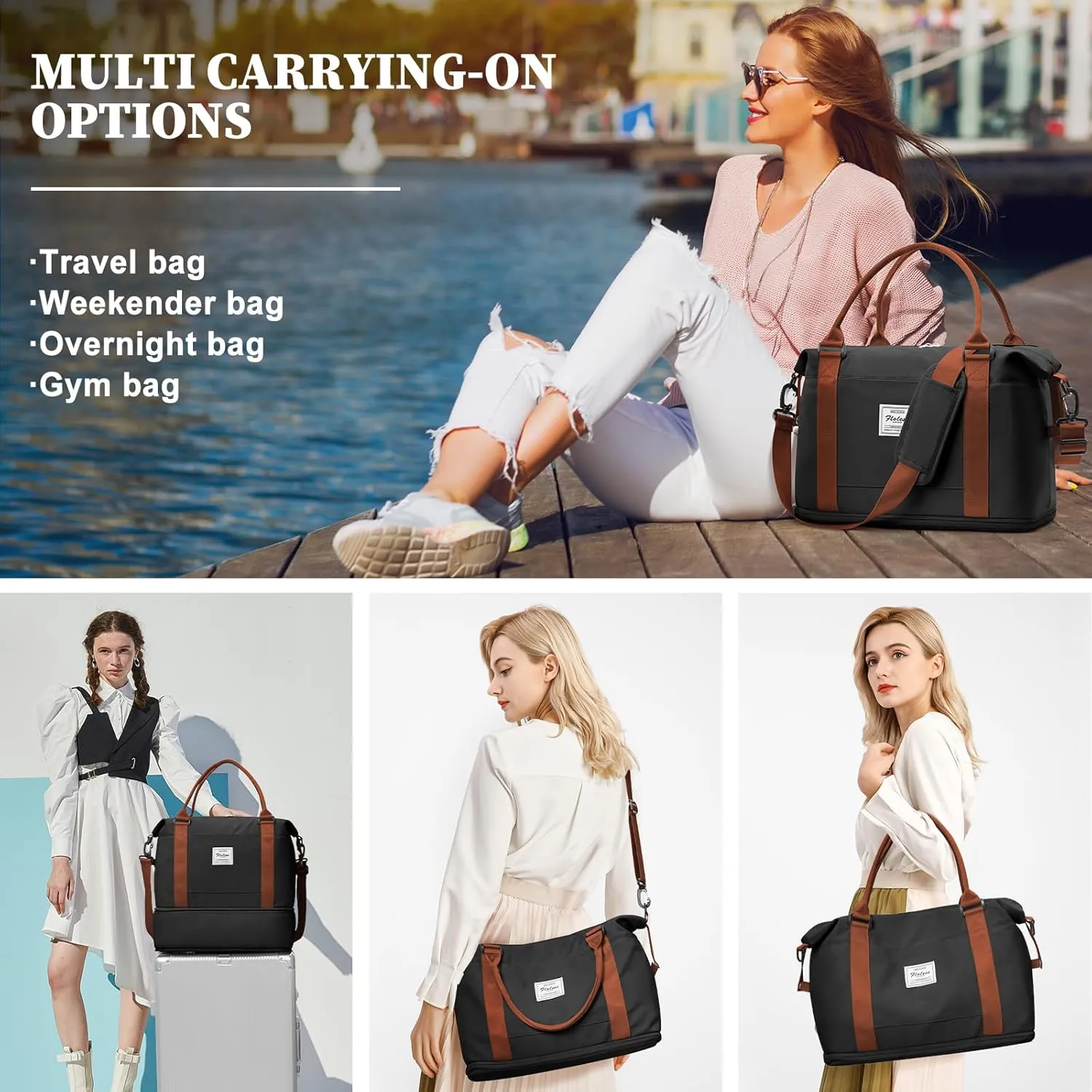 Weekender Bags for Women,Personal Item Travel Bag,Overnight Travel Duffel Bag with Expandable Shoes Compartment & Wet Pocket, A-Black&Brown