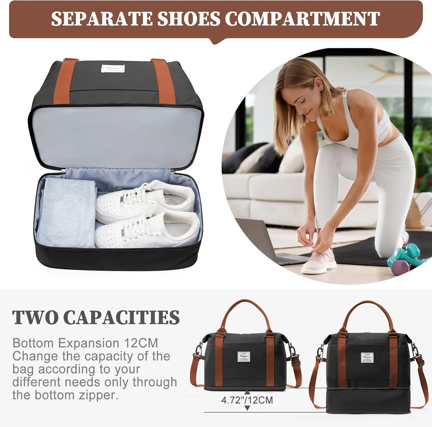 Weekender Bags for Women,Personal Item Travel Bag,Overnight Travel Duffel Bag with Expandable Shoes Compartment & Wet Pocket, A-Black&Brown