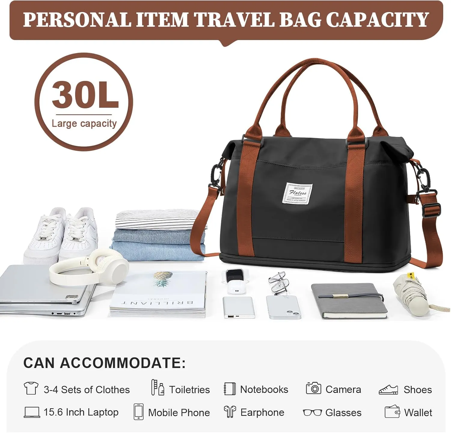 Weekender Bags for Women,Personal Item Travel Bag,Overnight Travel Duffel Bag with Expandable Shoes Compartment & Wet Pocket, A-Black&Brown