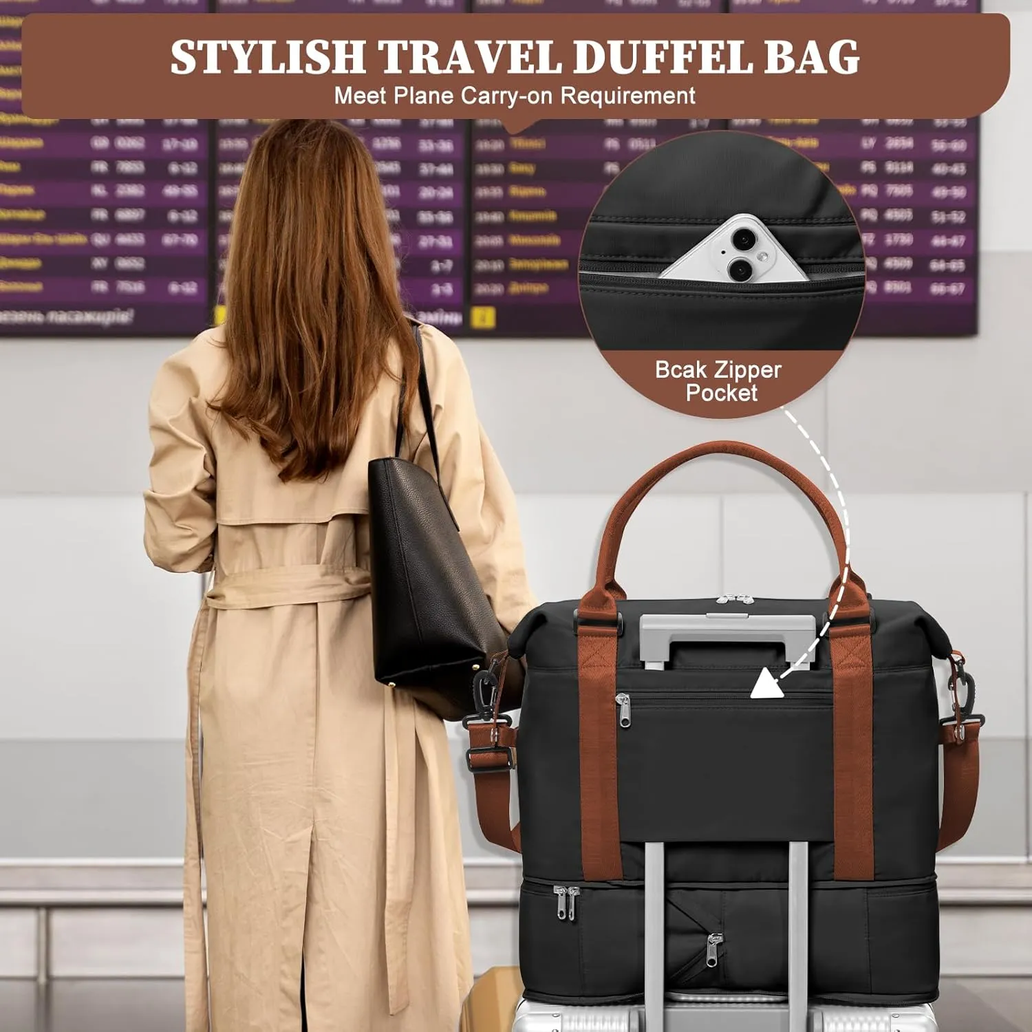 Weekender Bags for Women,Personal Item Travel Bag,Overnight Travel Duffel Bag with Expandable Shoes Compartment & Wet Pocket, A-Black&Brown