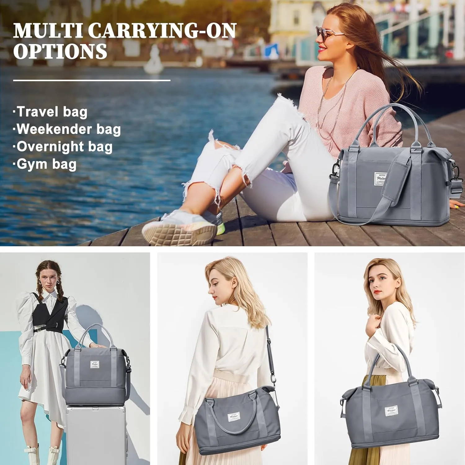 Weekender Bags for Women,Personal Item Travel Bag,Overnight Travel Duffel Bag with Expandable Shoes Compartment & Wet Pocket, A-Blue Grey