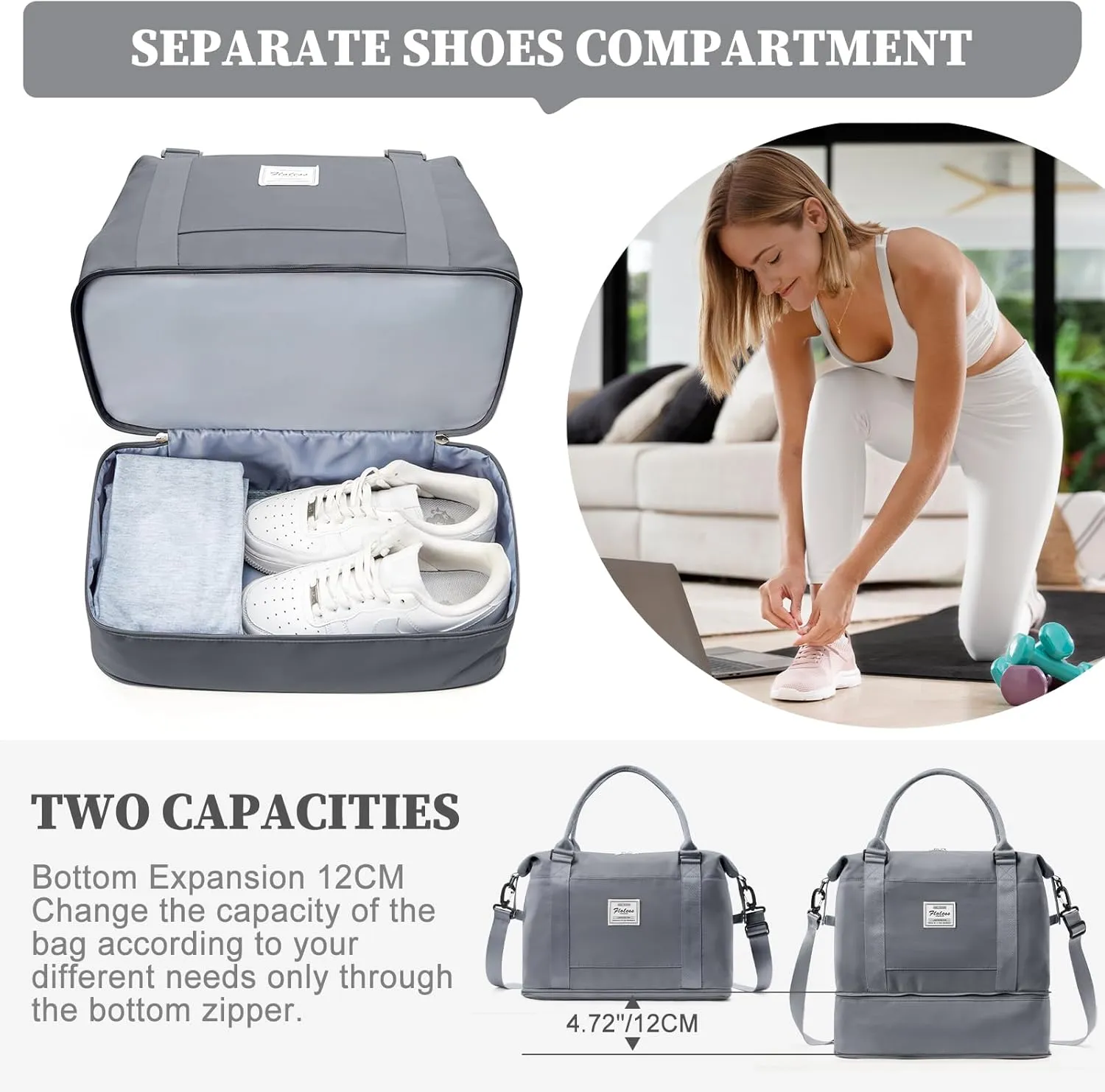 Weekender Bags for Women,Personal Item Travel Bag,Overnight Travel Duffel Bag with Expandable Shoes Compartment & Wet Pocket, A-Blue Grey