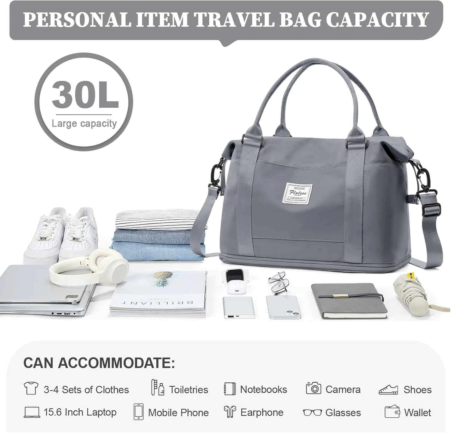 Weekender Bags for Women,Personal Item Travel Bag,Overnight Travel Duffel Bag with Expandable Shoes Compartment & Wet Pocket, A-Blue Grey