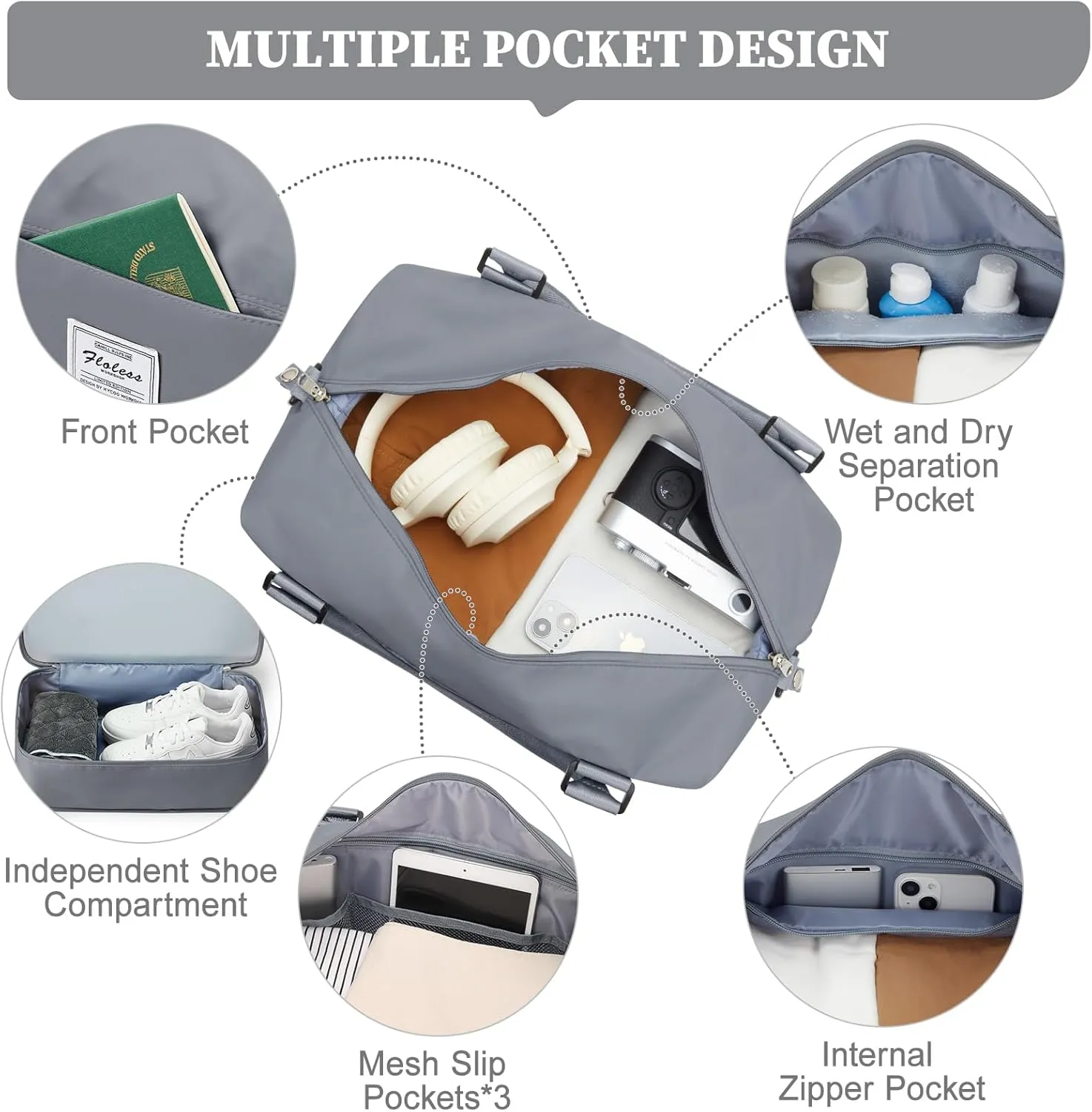 Weekender Bags for Women,Personal Item Travel Bag,Overnight Travel Duffel Bag with Expandable Shoes Compartment & Wet Pocket, A-Blue Grey
