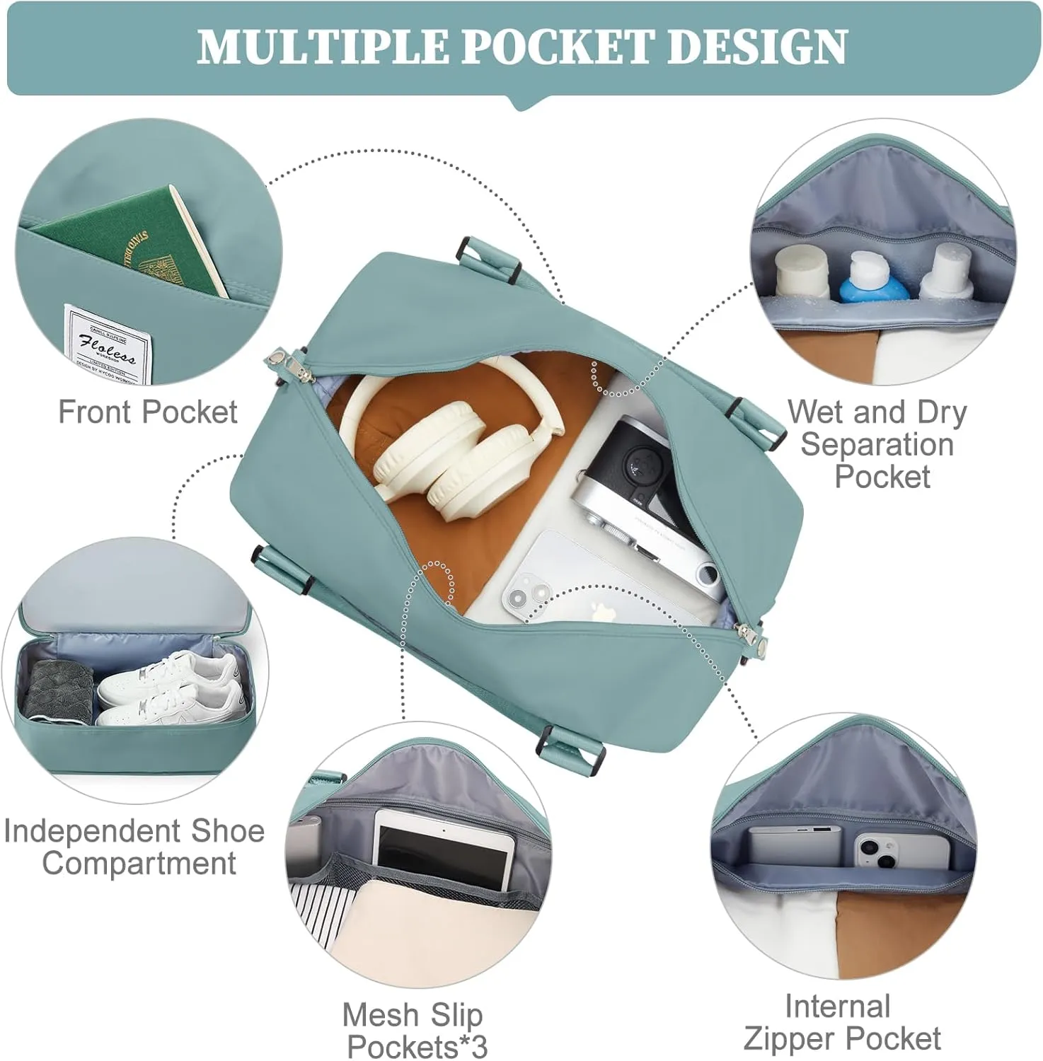 Weekender Bags for Women,Personal Item Travel Bag,Overnight Travel Duffel Bag with Expandable Shoes Compartment & Wet Pocket, A-Light Blue