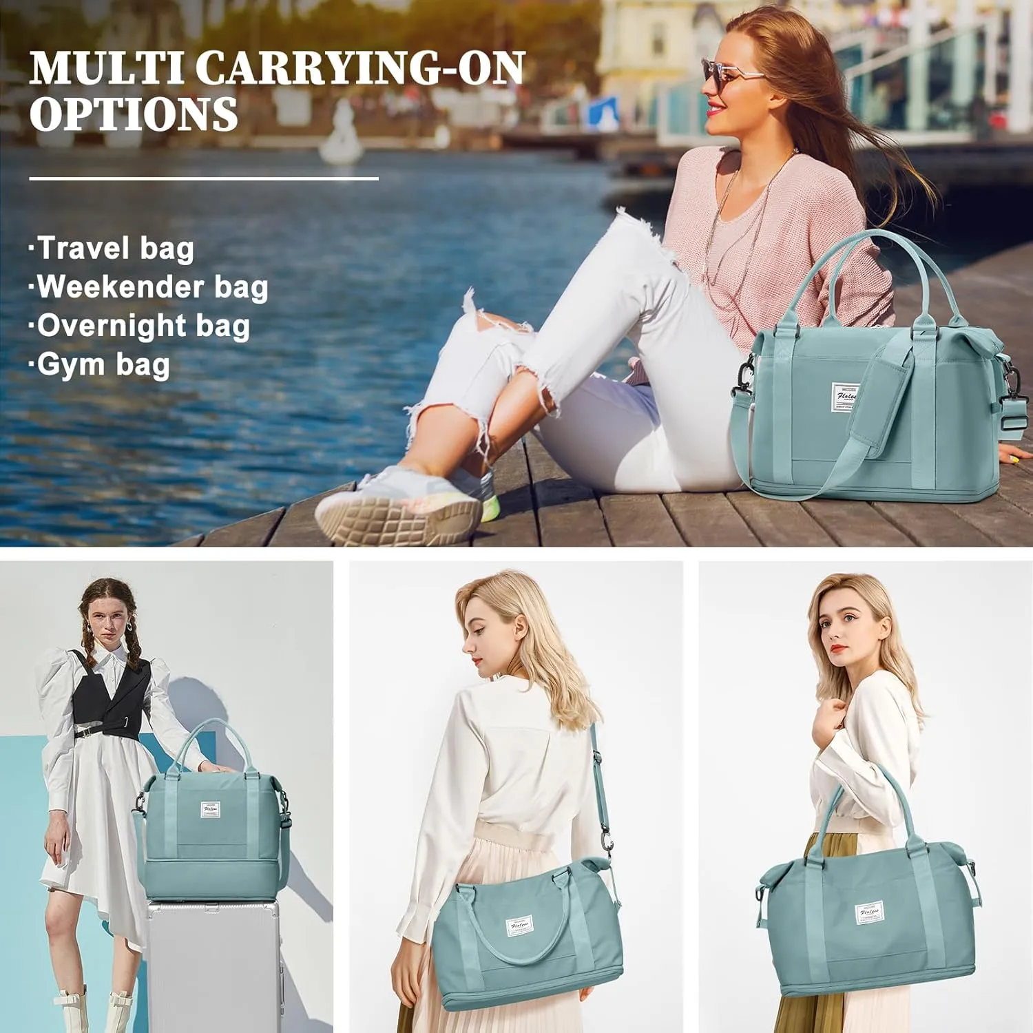 Weekender Bags for Women,Personal Item Travel Bag,Overnight Travel Duffel Bag with Expandable Shoes Compartment & Wet Pocket, A-Light Blue