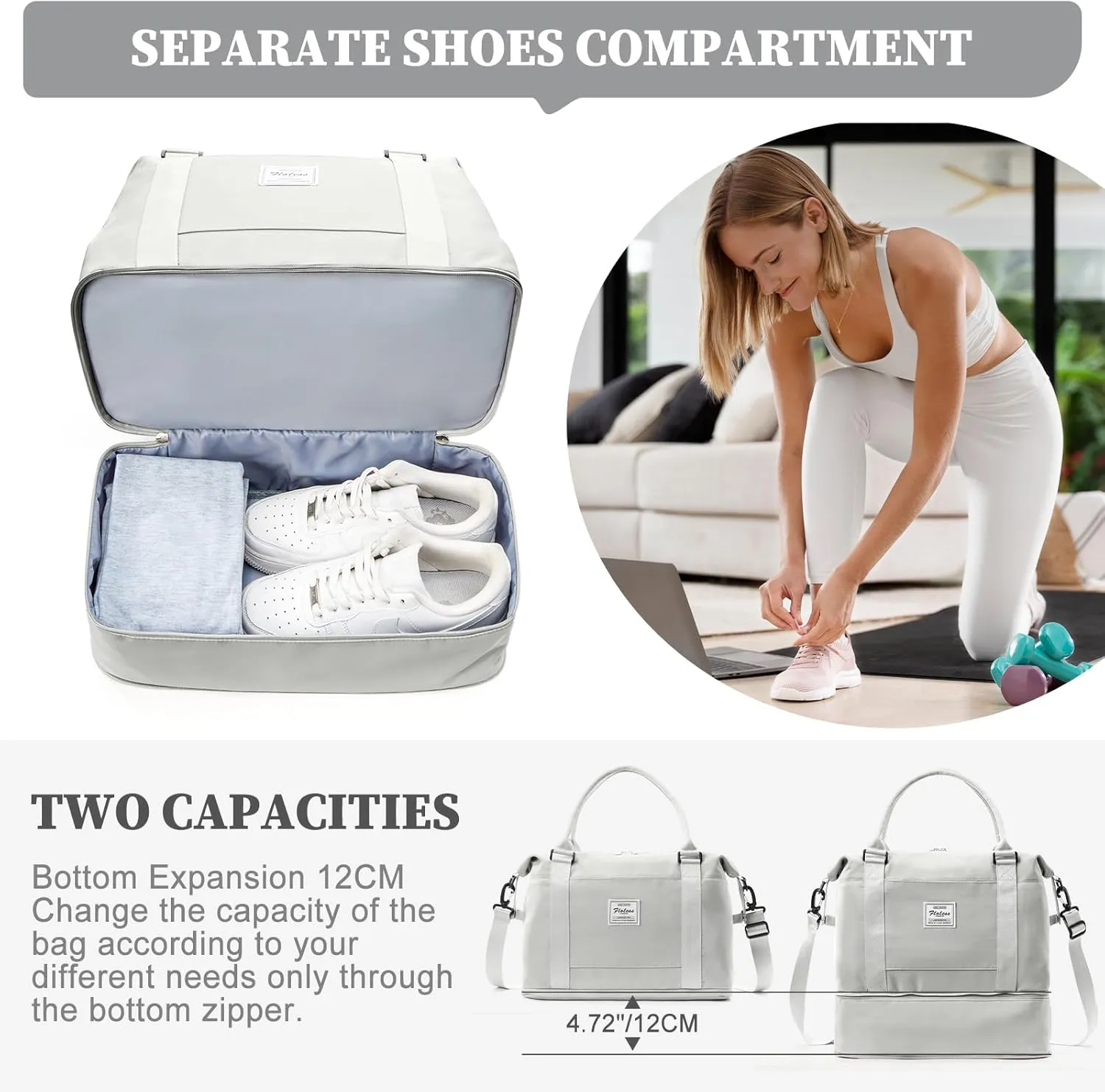 Weekender Bags for Women,Personal Item Travel Bag,Overnight Travel Duffel Bag with Expandable Shoes Compartment & Wet Pocket, A-White Grey