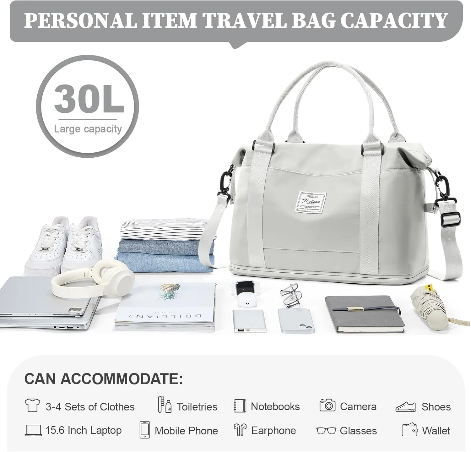 Weekender Bags for Women,Personal Item Travel Bag,Overnight Travel Duffel Bag with Expandable Shoes Compartment & Wet Pocket, A-White Grey