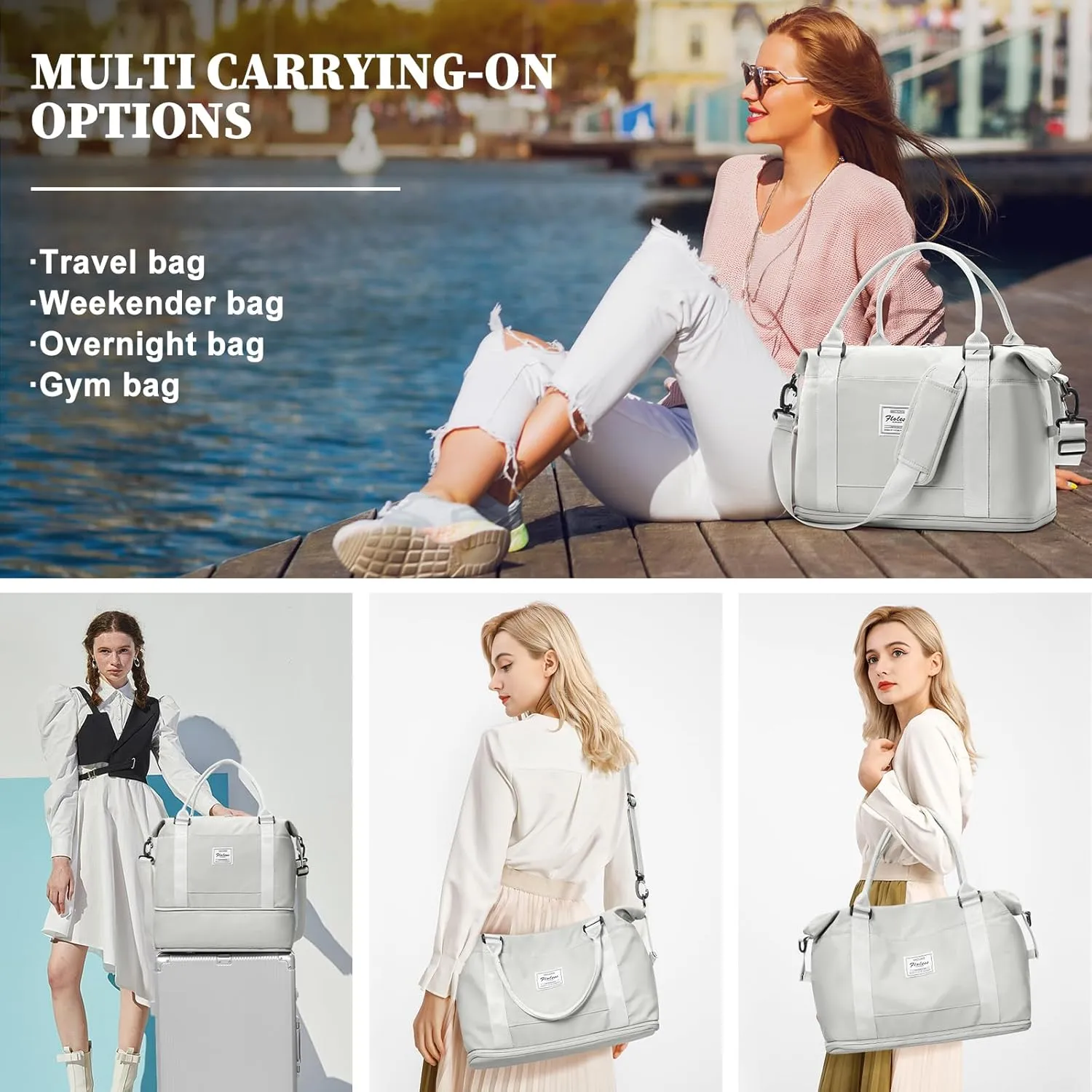 Weekender Bags for Women,Personal Item Travel Bag,Overnight Travel Duffel Bag with Expandable Shoes Compartment & Wet Pocket, A-White Grey