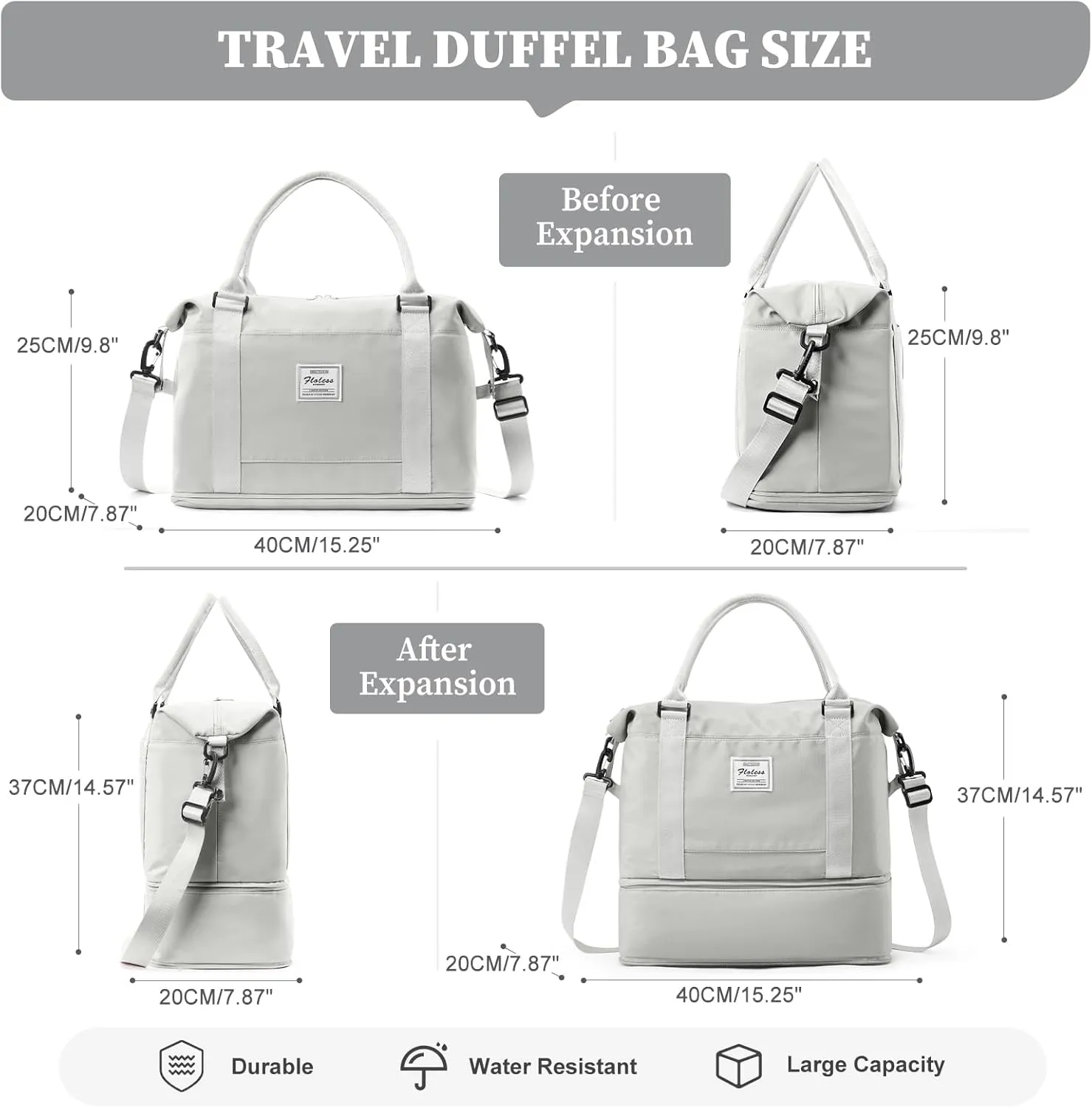 Weekender Bags for Women,Personal Item Travel Bag,Overnight Travel Duffel Bag with Expandable Shoes Compartment & Wet Pocket, A-White Grey