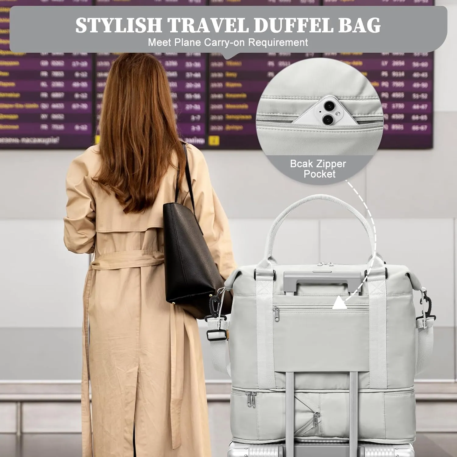 Weekender Bags for Women,Personal Item Travel Bag,Overnight Travel Duffel Bag with Expandable Shoes Compartment & Wet Pocket, A-White Grey