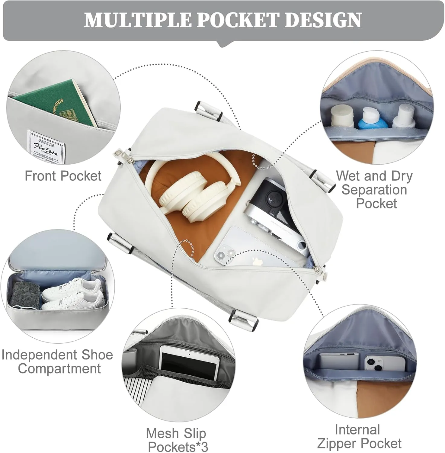 Weekender Bags for Women,Personal Item Travel Bag,Overnight Travel Duffel Bag with Expandable Shoes Compartment & Wet Pocket, A-White Grey