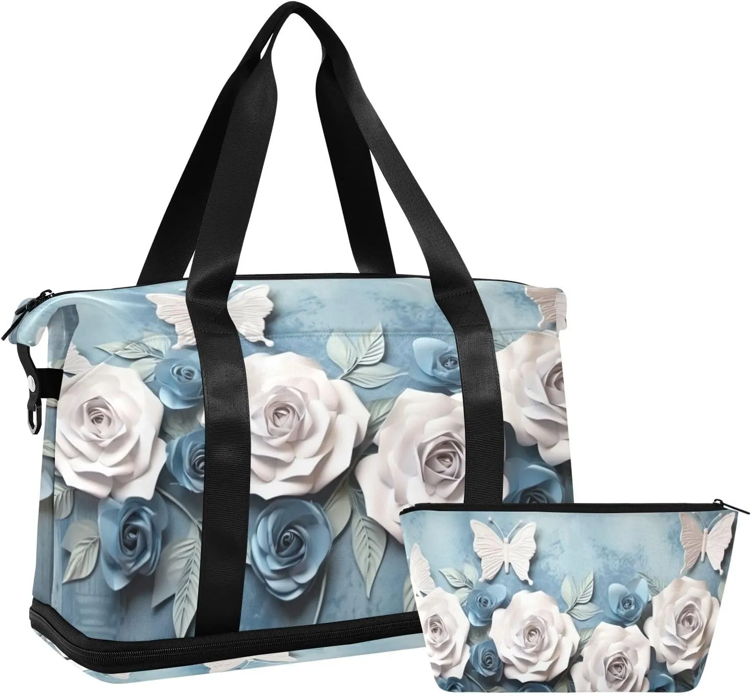 White Blue Roses Sports Gym Bag,Travel Duffel bag with Wet Pocket & Shoes Compartment Lightweight Waterproof Overnight Bag for Men Women