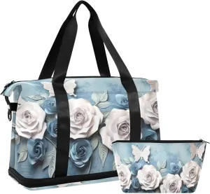 White Blue Roses Sports Gym Bag,Travel Duffel bag with Wet Pocket & Shoes Compartment Lightweight Waterproof Overnight Bag for Men Women