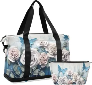 White Blue Roses Sports Gym Bag,Travel Duffel bag with Wet Pocket & Shoes Compartment Lightweight Waterproof Overnight Bag for Men Women