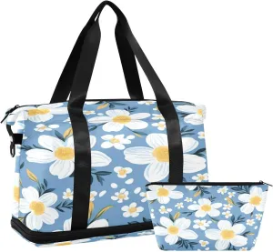 White Flower Gym Bag for Men Women with Shoes Compartment & Wet Pocket Sport Travel Duffel Bag Waterproof Weekender Overnight Bag
