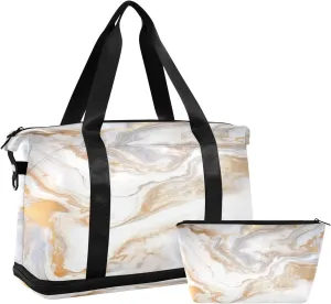 White Marble Sports Gym Bag,Travel Duffel bag with Wet Pocket & Shoes Compartment Lightweight Waterproof Overnight Bag for Men Women