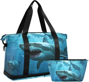 White Sharks Gym Bag for Men Women with Shoes Compartment & Wet Pocket Sport Travel Duffel Bag Waterproof Weekender Overnight Bag