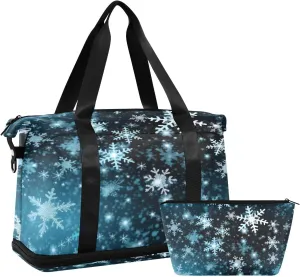 White Snowflakes Blue Sports Gym Bag,Travel Duffel bag with Wet Pocket & Shoes Compartment Lightweight Waterproof Overnight Bag for Men Women