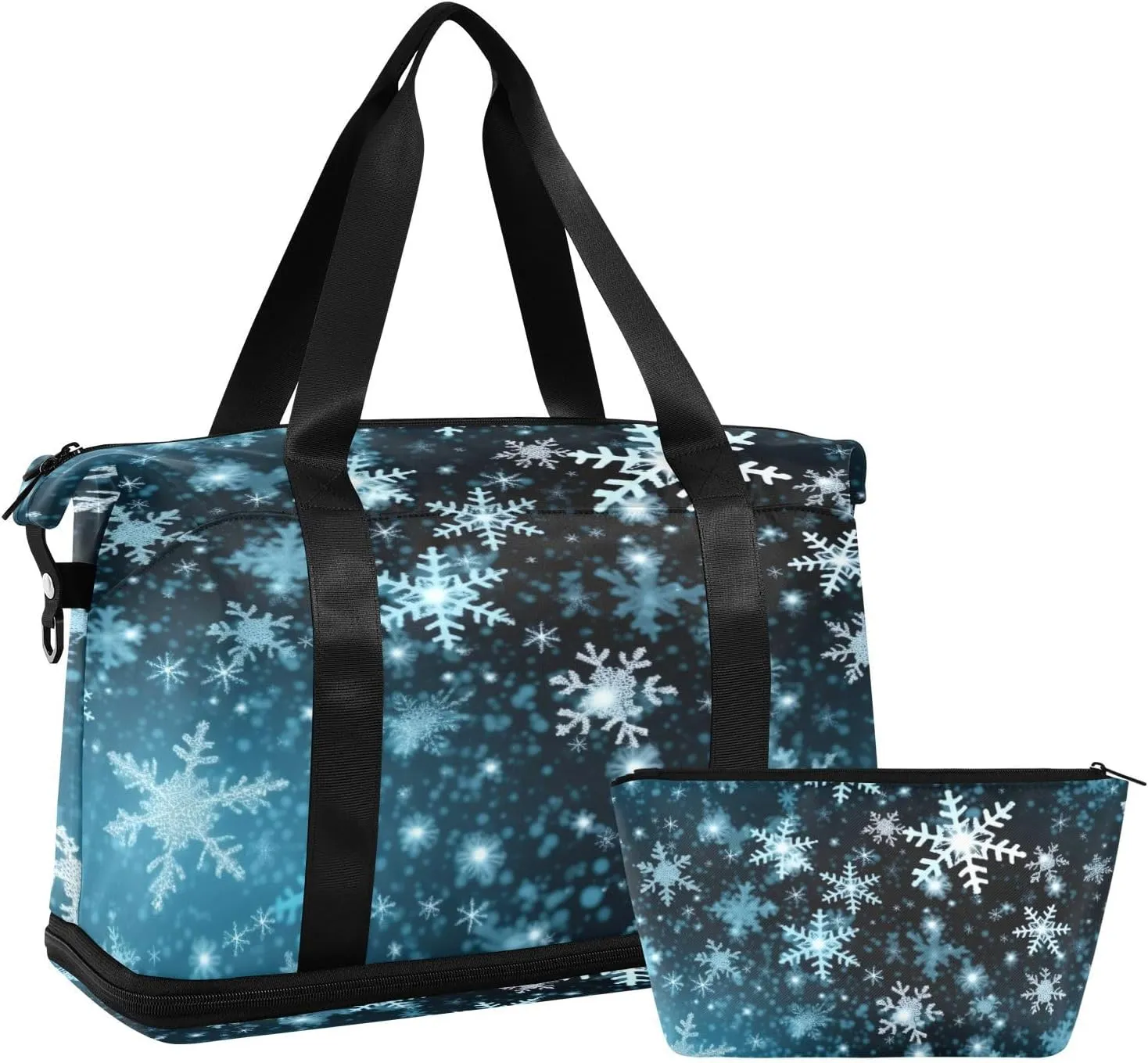 White Snowflakes Blue Sports Gym Bag,Travel Duffel bag with Wet Pocket & Shoes Compartment Lightweight Waterproof Overnight Bag for Men Women
