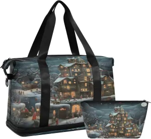 Winter Landscape Sports Gym Bag,Travel Duffel bag with Wet Pocket & Shoes Compartment Lightweight Waterproof Overnight Bag for Men Women