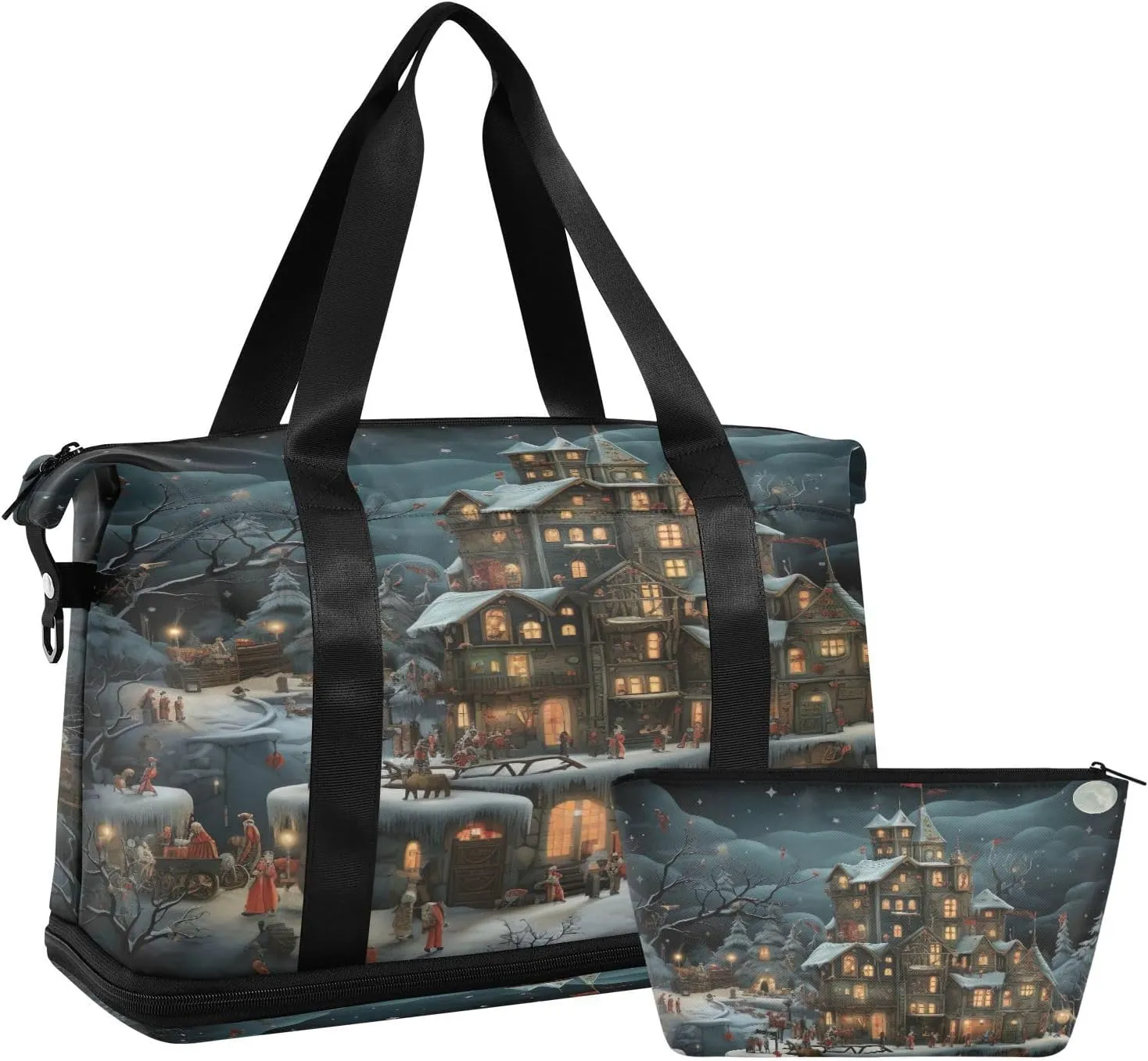 Winter Landscape Sports Gym Bag,Travel Duffel bag with Wet Pocket & Shoes Compartment Lightweight Waterproof Overnight Bag for Men Women