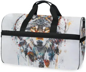Wolf Dream Catcher Travel Duffel Bag Luggage Sports Gym Bags With Shoes Compartment Large Capacity Lightweight Duffle Bag For Men Women