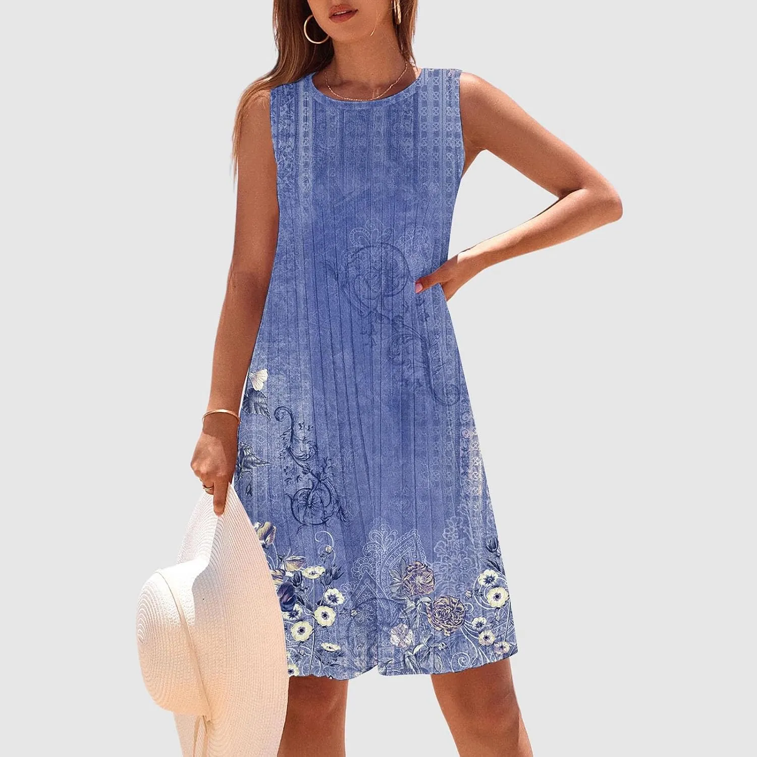 Womens 2025 Summer Sleeveless Dress Crewneck Floral Loose Tank Pleated Swing Flowy Dresses Casual Short Sleeve Dress