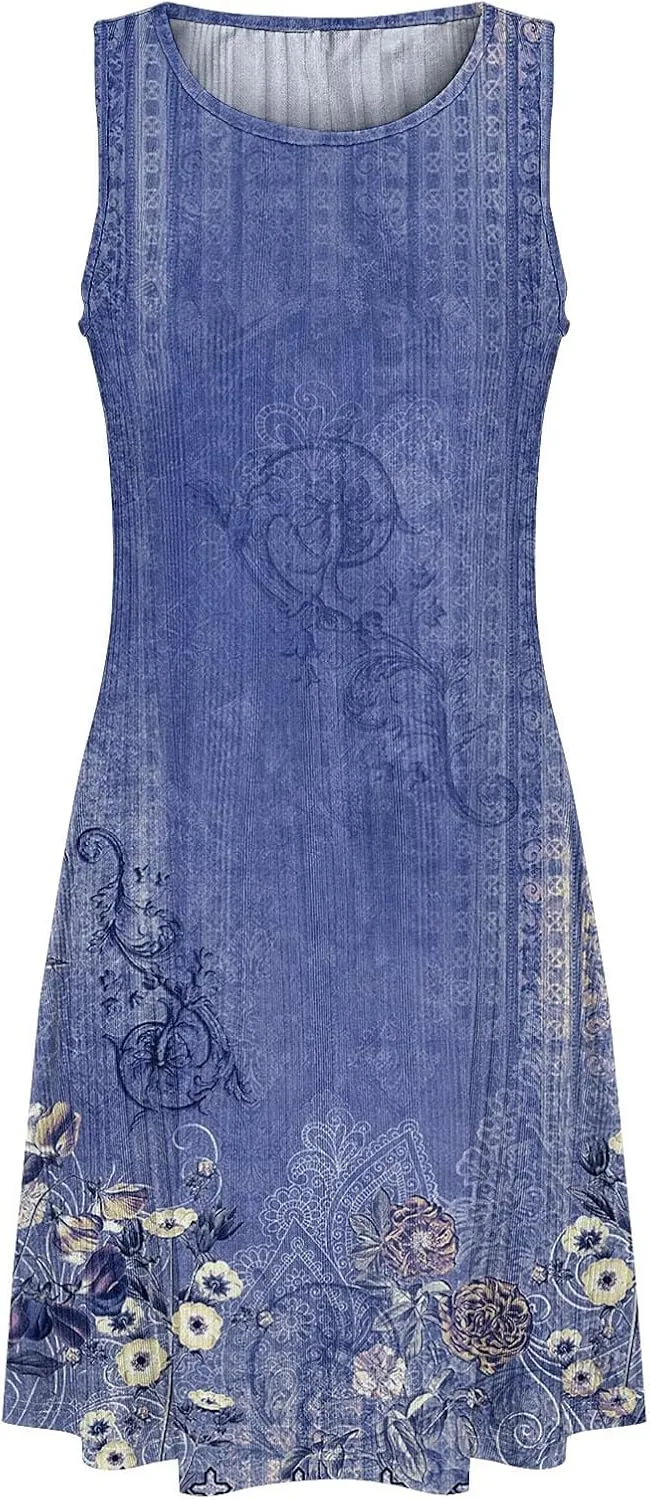 Womens 2025 Summer Sleeveless Dress Crewneck Floral Loose Tank Pleated Swing Flowy Dresses Casual Short Sleeve Dress