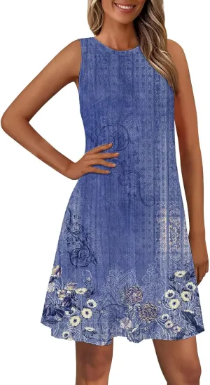 Womens 2025 Summer Sleeveless Dress Crewneck Floral Loose Tank Pleated Swing Flowy Dresses Casual Short Sleeve Dress