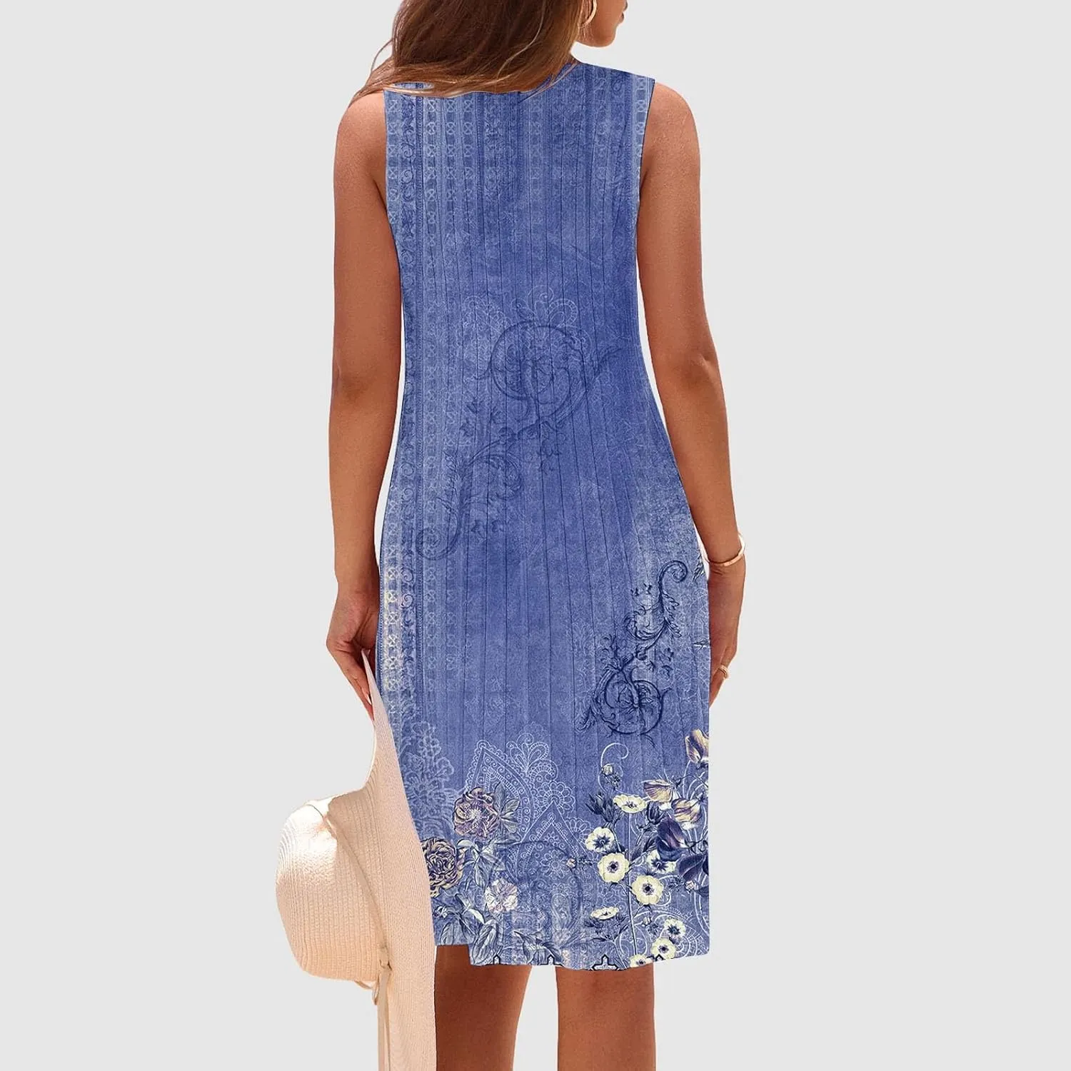 Womens 2025 Summer Sleeveless Dress Crewneck Floral Loose Tank Pleated Swing Flowy Dresses Casual Short Sleeve Dress