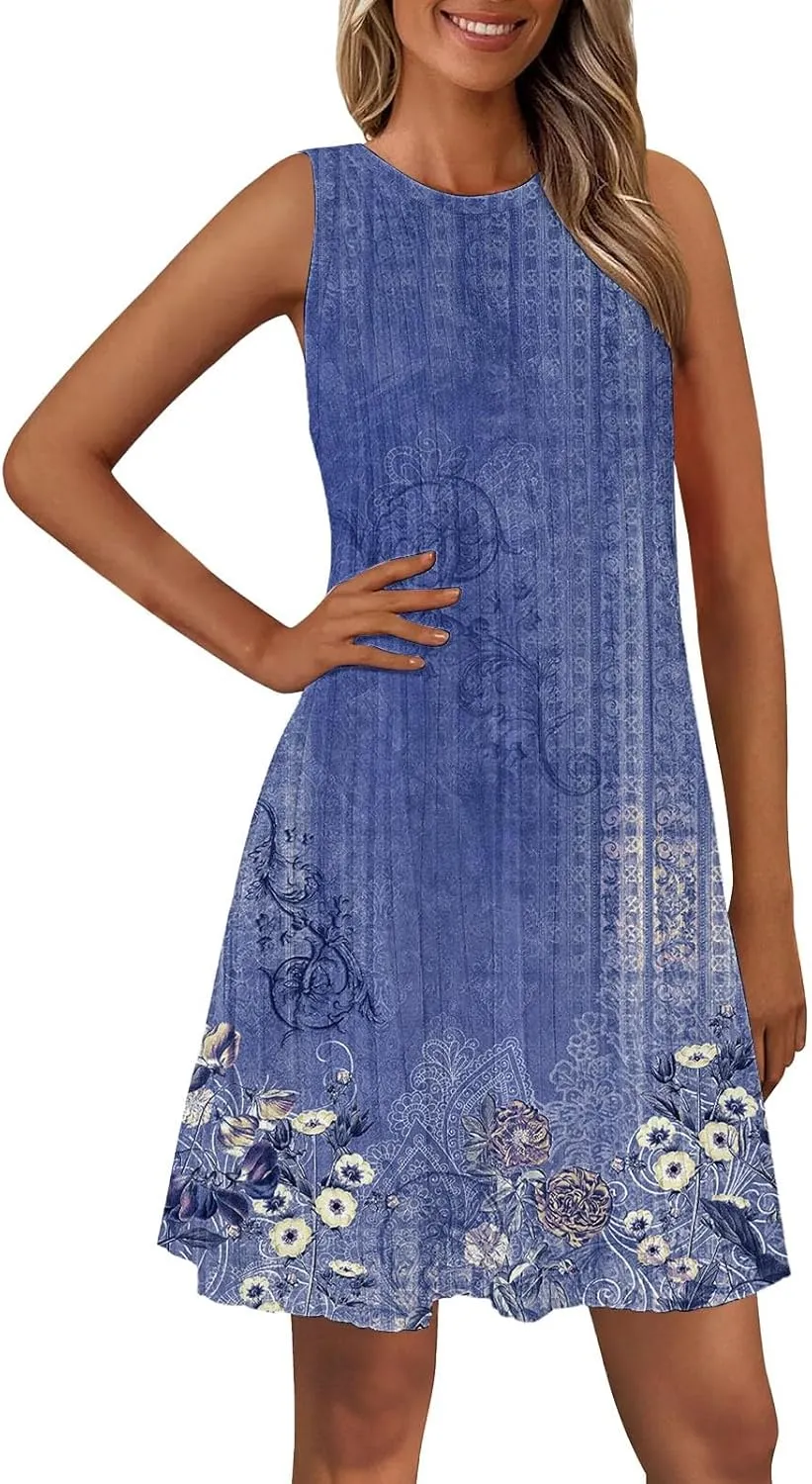 Womens 2025 Summer Sleeveless Dress Crewneck Floral Loose Tank Pleated Swing Flowy Dresses Casual Short Sleeve Dress