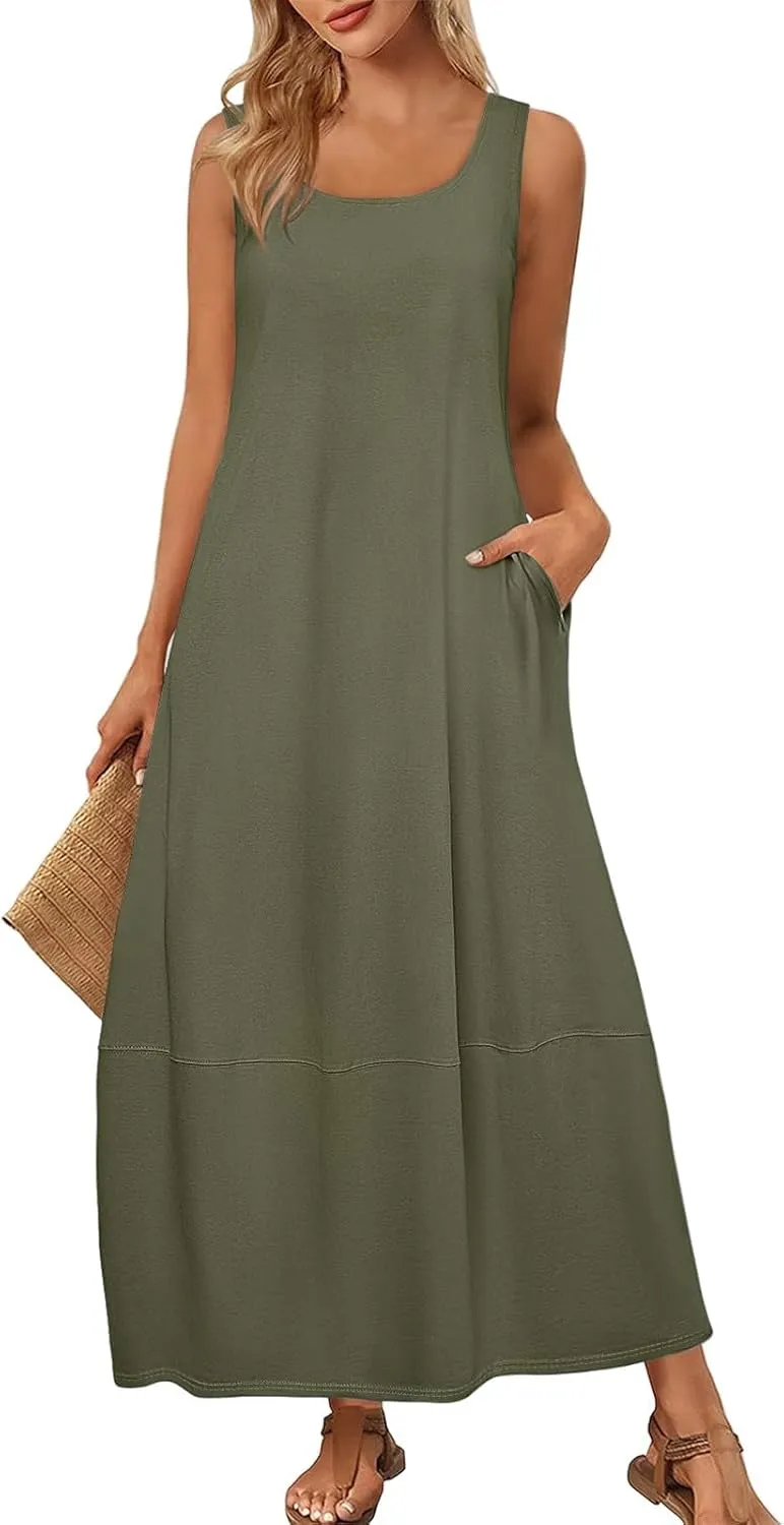 Women's Dresses Casual Loose Sundress Beach Vacation Scoop Neck Tank Dress Sleeveless Flowy 2025 Summer Maxi Dress