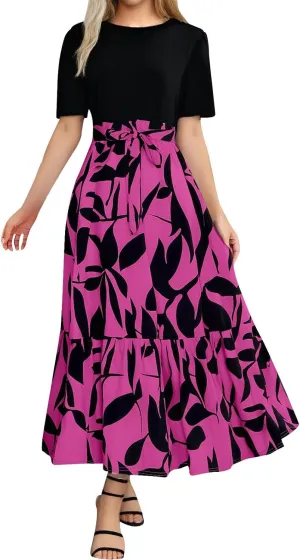 Womens Dresses for Wedding Guest Crewneck Belted Floral Colorblock Long Dresses Elegant Church Ruffle Beach Vacation Sundress