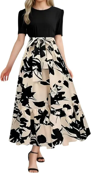 Womens Dresses for Wedding Guest Crewneck Belted Floral Colorblock Long Dresses Elegant Church Ruffle Beach Vacation Sundress