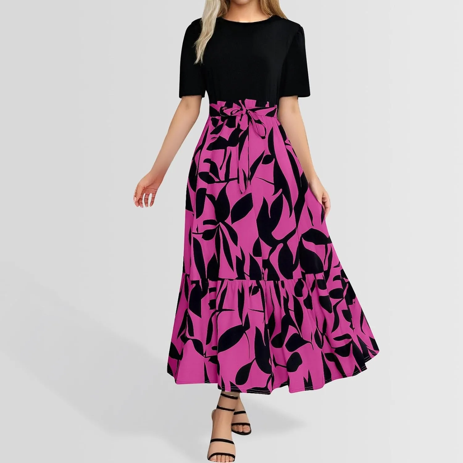 Womens Dresses for Wedding Guest Crewneck Belted Floral Colorblock Long Dresses Elegant Church Ruffle Beach Vacation Sundress