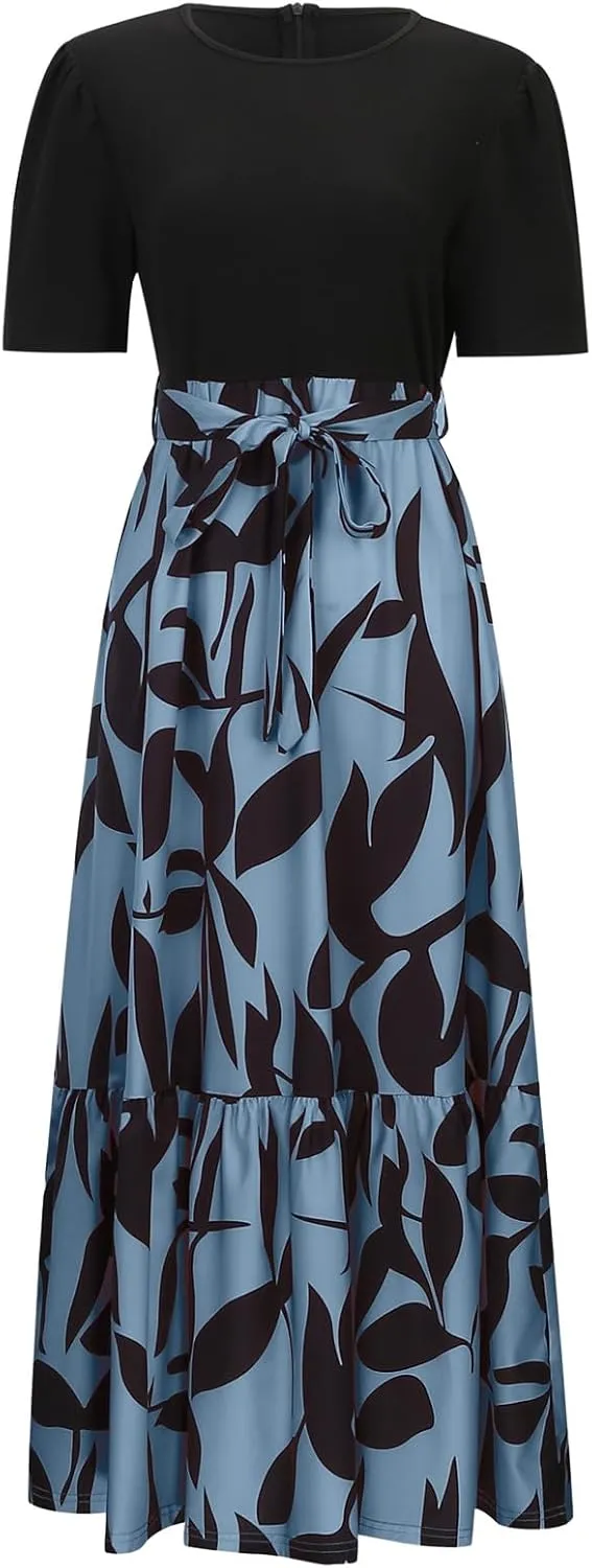 Womens Dresses for Wedding Guest Crewneck Belted Floral Colorblock Long Dresses Elegant Church Ruffle Beach Vacation Sundress