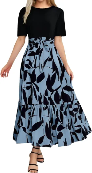 Womens Dresses for Wedding Guest Crewneck Belted Floral Colorblock Long Dresses Elegant Church Ruffle Beach Vacation Sundress