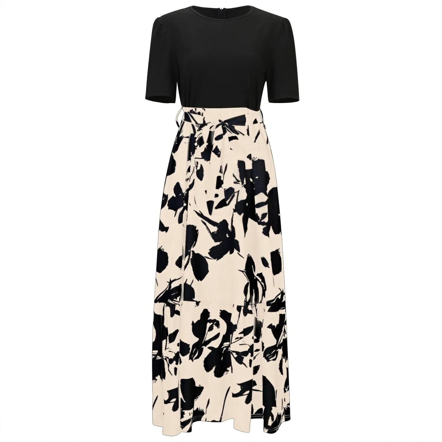 Womens Dresses for Wedding Guest Crewneck Belted Floral Colorblock Long Dresses Elegant Church Ruffle Beach Vacation Sundress