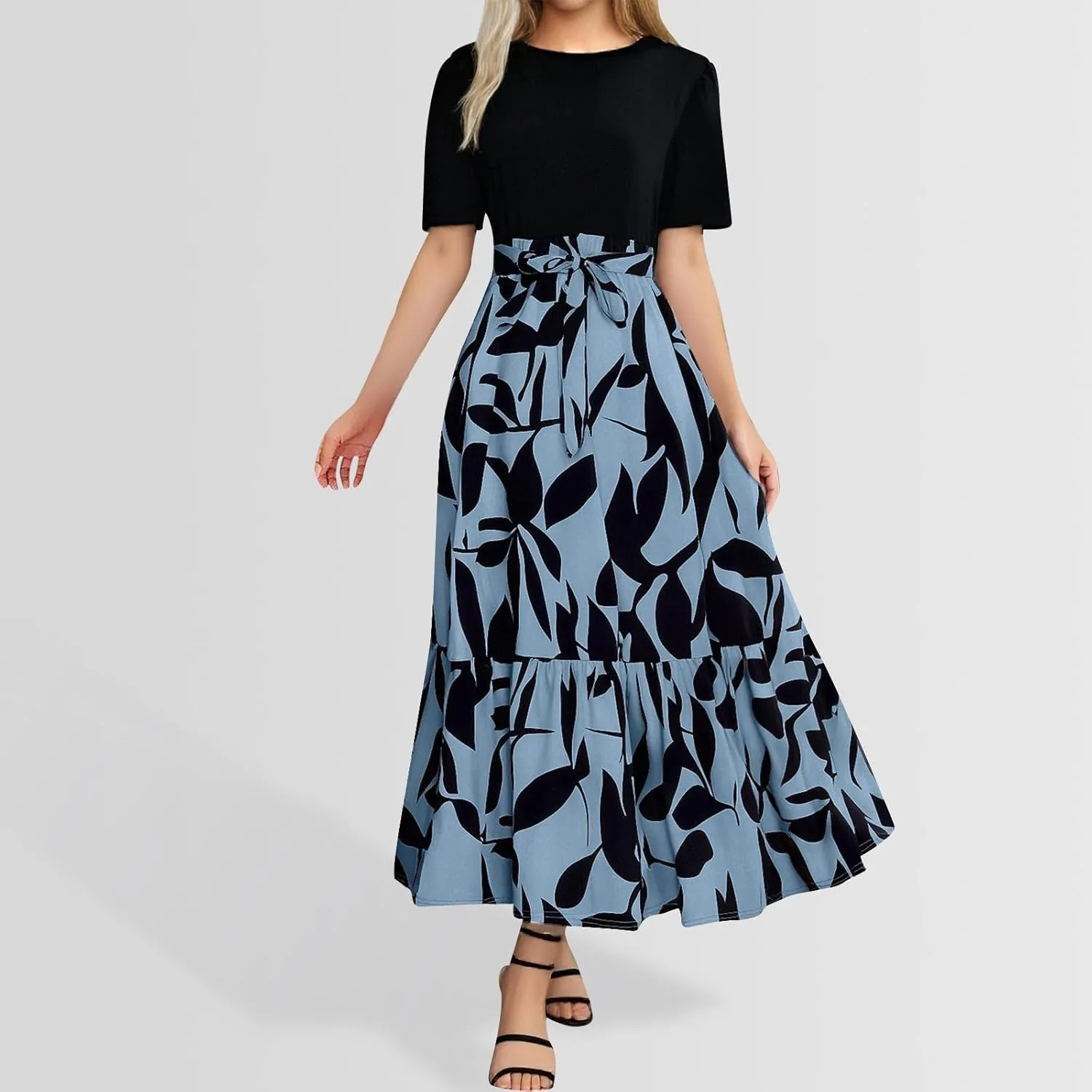 Womens Dresses for Wedding Guest Crewneck Belted Floral Colorblock Long Dresses Elegant Church Ruffle Beach Vacation Sundress