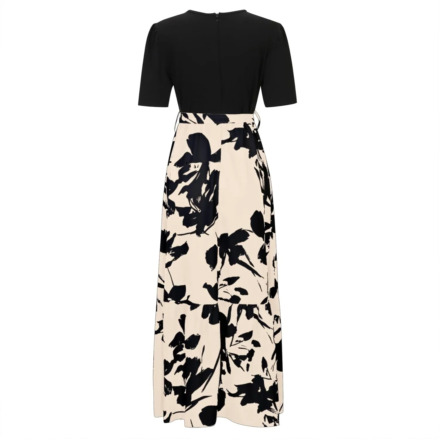 Womens Dresses for Wedding Guest Crewneck Belted Floral Colorblock Long Dresses Elegant Church Ruffle Beach Vacation Sundress