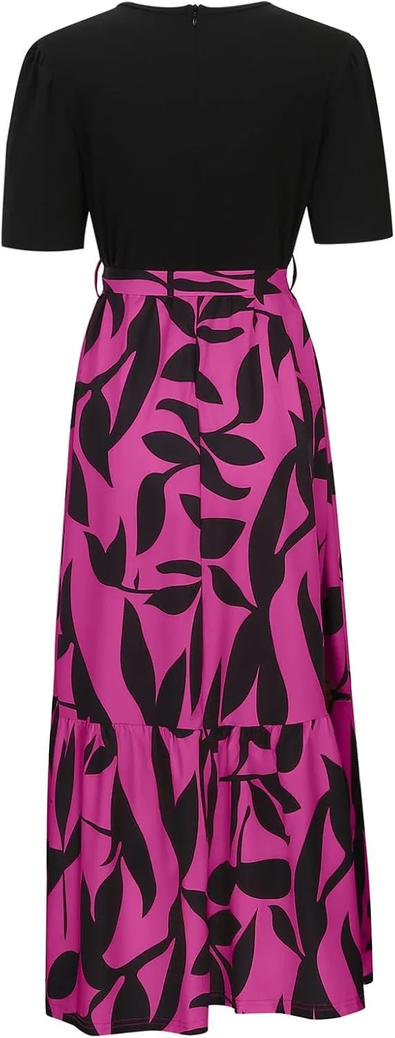 Womens Dresses for Wedding Guest Crewneck Belted Floral Colorblock Long Dresses Elegant Church Ruffle Beach Vacation Sundress