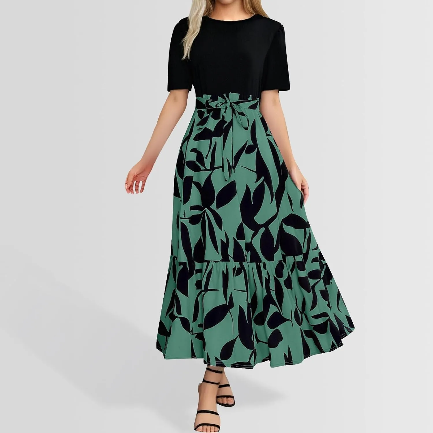 Womens Dresses for Wedding Guest Crewneck Belted Floral Colorblock Long Dresses Elegant Church Ruffle Beach Vacation Sundress