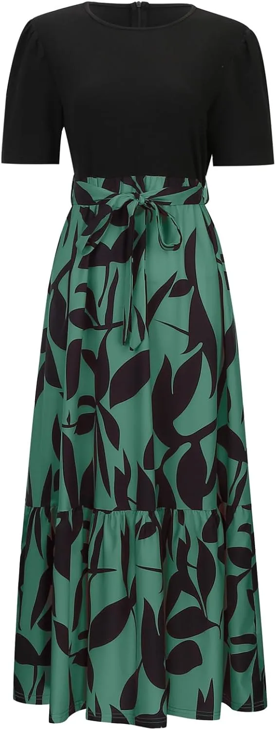 Womens Dresses for Wedding Guest Crewneck Belted Floral Colorblock Long Dresses Elegant Church Ruffle Beach Vacation Sundress