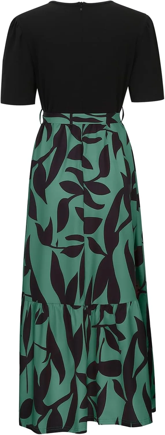 Womens Dresses for Wedding Guest Crewneck Belted Floral Colorblock Long Dresses Elegant Church Ruffle Beach Vacation Sundress