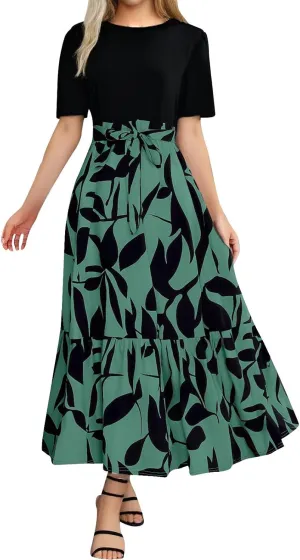 Womens Dresses for Wedding Guest Crewneck Belted Floral Colorblock Long Dresses Elegant Church Ruffle Beach Vacation Sundress