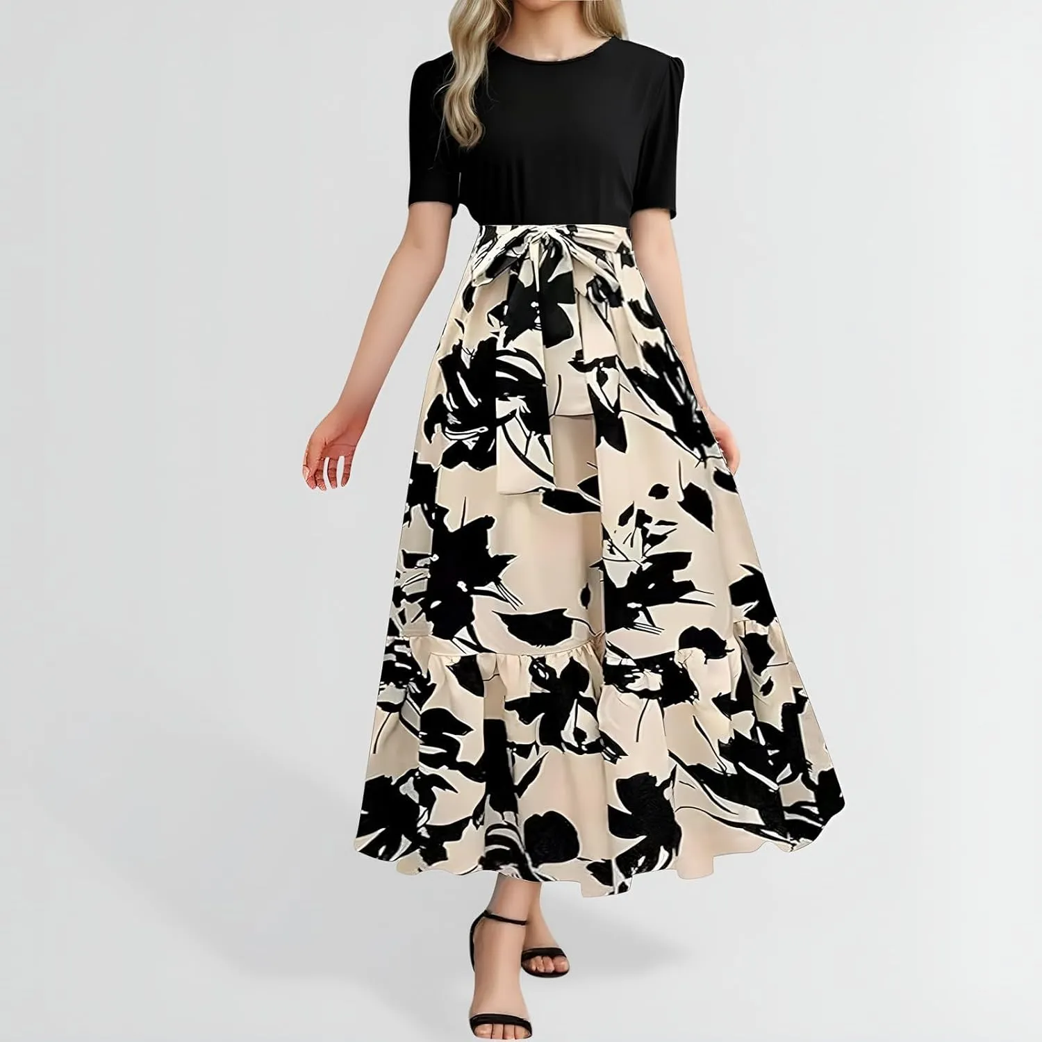 Womens Dresses for Wedding Guest Crewneck Belted Floral Colorblock Long Dresses Elegant Church Ruffle Beach Vacation Sundress