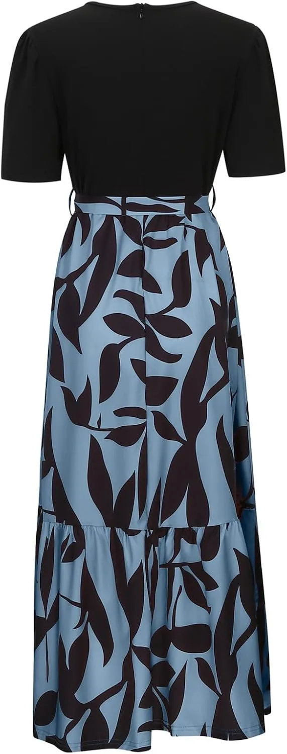 Womens Dresses for Wedding Guest Crewneck Belted Floral Colorblock Long Dresses Elegant Church Ruffle Beach Vacation Sundress