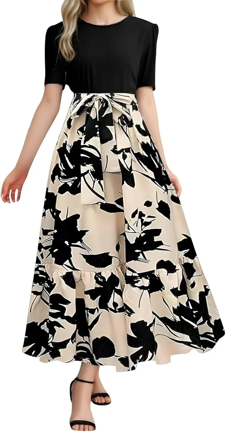 Womens Dresses for Wedding Guest Crewneck Belted Floral Colorblock Long Dresses Elegant Church Ruffle Beach Vacation Sundress