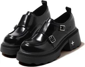 Women’s Monk Strap Platform Loafers Comfortable Round Toe Slip-On Chunky Heel Loafers Casual Work Dress Penny Shoes